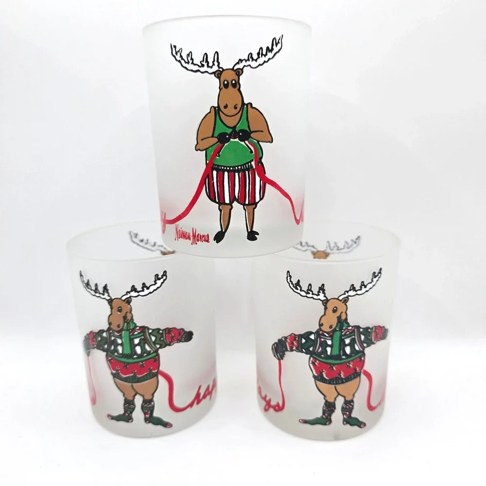 1991 VTG Neiman Marcus Knitting Reindeer Moose‎ Christmas Lowball Glasses Set-3